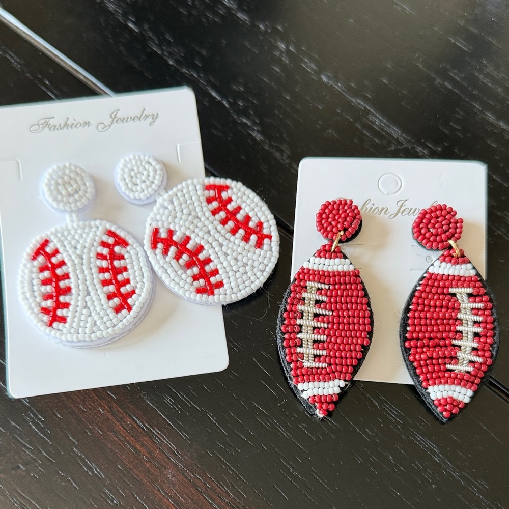 Red and White Beaded Football/Baseball Earrings Collection-NWT